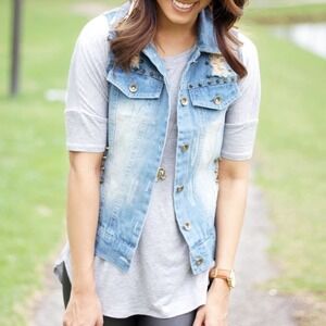 Red Tulips Sleeveless Denim Jacket Vest Size Large